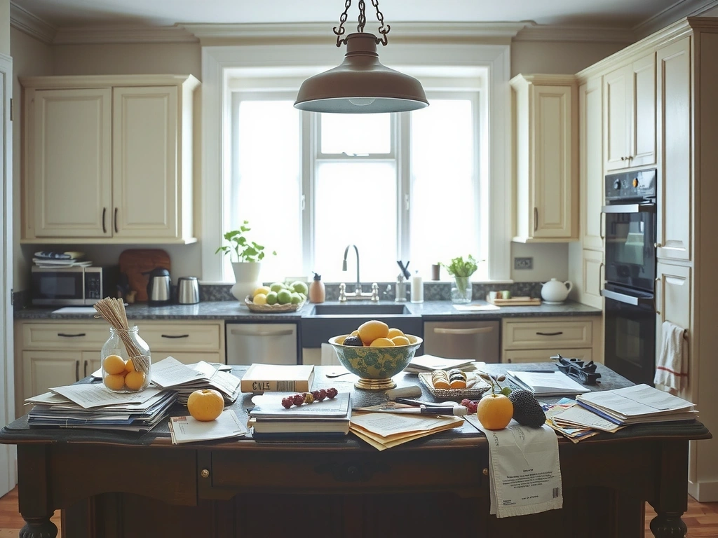 Before: Cluttered Kitchen Island